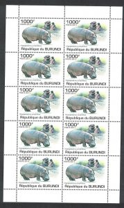 Burundi Hippo Sheetlet of 10v 2011 MNH