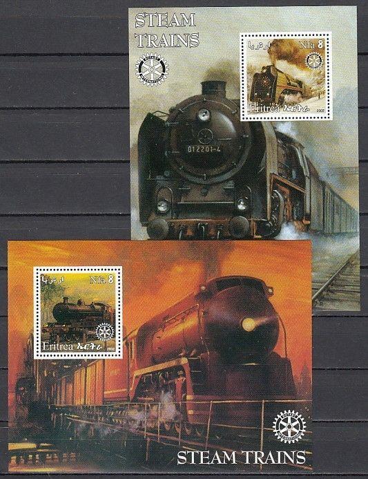 Eritrea, 2002 Cinderella issue. Steam Trains on 2 s/sheets. Rotary Logo.