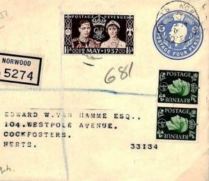 GB Stationery ERROR KGV DIE 4d BLUE Used Registered Norwood ES65 RARE 1951 E335