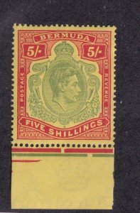 BERMUDA #125a  VF-MNH KGV1 5sh GREEN & RED on PALE YELLOW Perf 14 ORDINARY PAPER