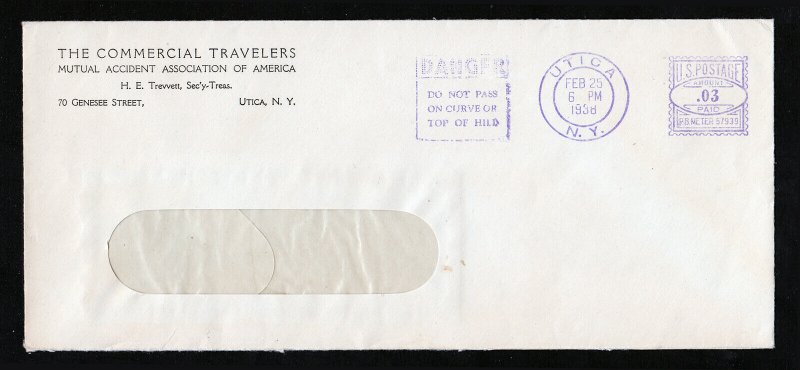 TRAVELERS ADVERTISING/SLOGAN PURPLE METERED ENVELOPE 3C UTICA NY 1938