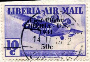 Liberia Overprint 50c On 10c 1941 Issued ~ First Flight 1942 To U.S.