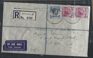 MALAYA PENANG (PP2610B)  1950 KGVI 50C+10CX2 REG A/M TO ENGLAND 