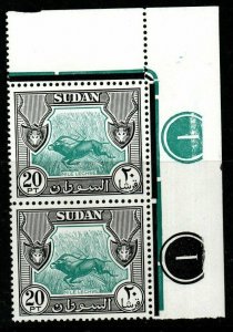 SUDAN SG138 1951 20p BLUE-GREEN & BLACK PLATE PAIR MNH(MTD IN MARG)