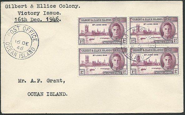 GILBERT & ELLICE 1946 Victory 1d block of 4 on cover......................41360