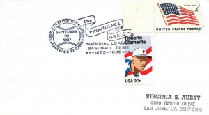 4c U.S. FLAG STAMP & 20c ROBERTO CLEMENTE PICTORIAL CANCEL NATIONAL LEAGUE 1987