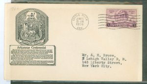 US 782 1936 3c Arkansas Statehood Centennial (single) on an addressed (typed )FDC with an Anderson cachet