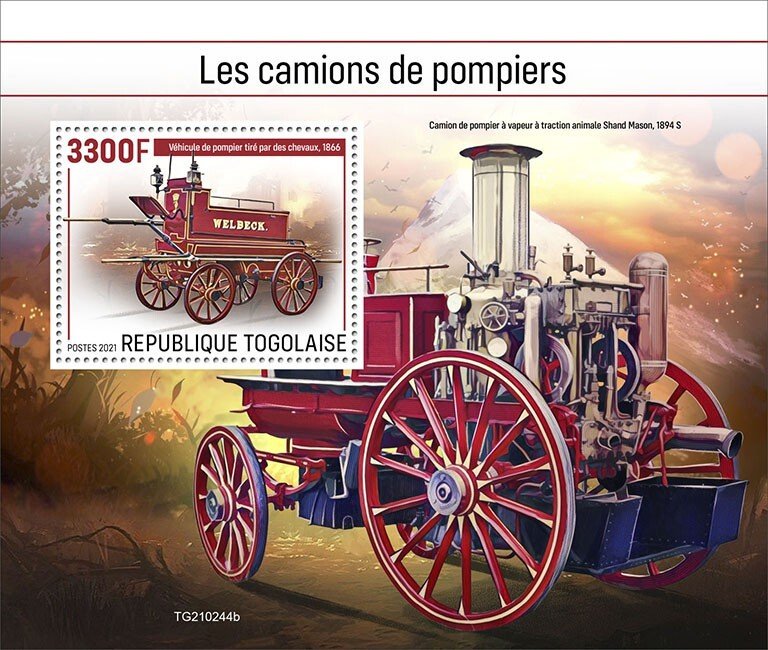 TOGO - 2021 - Fire Engines - Perf Souv Sheet - Mint Never Hinged