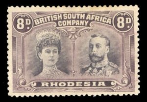 Rhodesia 109, $190, 1910 8p brown violet and gray lilac, heavy hinge remnant