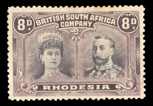Rhodesia 109, $190, 1910 8p brown violet and gray lilac, heavy hinge remnant
