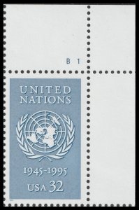 US 2974 United Nations 32c plate single UR B1 MNH 1995