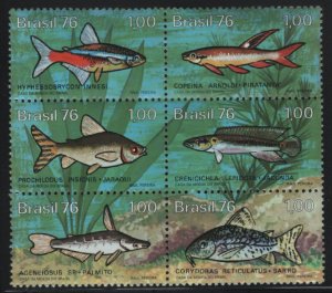 Brazil 1976 MNH Sc 1465a 1cr  Fish Block of 6