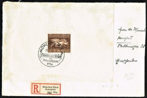 [st3025] 1936 Germany Scott B90 (souvenir sheet) on registered cover(front)