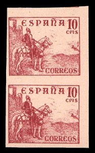 Spain #643P, 1936 El Cid, 10c imperf. proof in rose on thin card, vertical pair