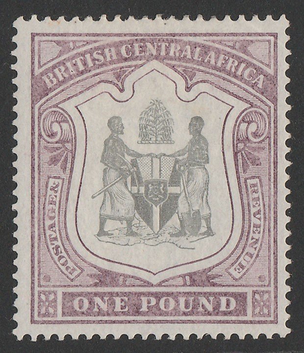 BRITISH CENTRAL AFRICA : 1897 Arms £1 black & dull purple. Rare high value.