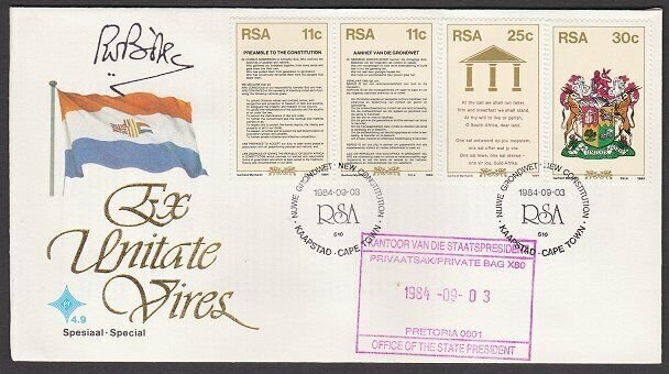 SOUTH AFRICA 1984 Constitution FDC signed by PM  P.W. Botha ................L689