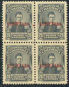 COLOMBIA 1947 20c Garcia Rovira SOBRETASA Postal Tax BLOCK OF 4 Sc RA28 MNH