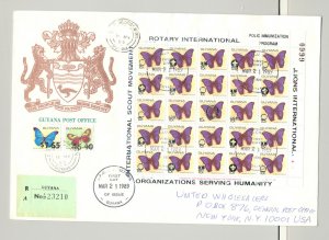 Guyana 1989 15¢ Butterflies M/S of 25 Silver o/p on Registered Commercial Cover