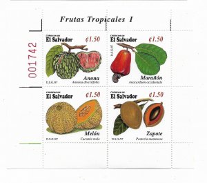 EL SALVADOR 1997 TROPICAL FRUITS MS MINIATURE SHEET BLOCK OF 4 MINT NH