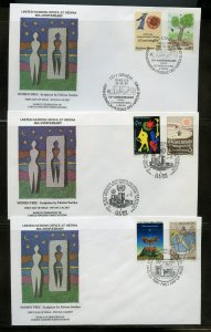 UN 1989  10th ANN VIENNA OFFICE 3 FDCS WFUNA CACHET ART BY EDWINA SANDYS