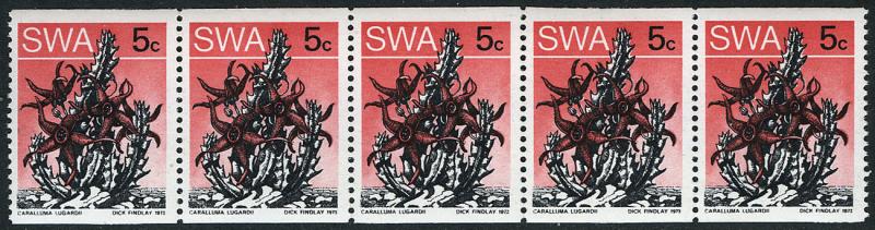 South West Africa 362A strip/5 green control number, MNH. Flowering plant, 1978