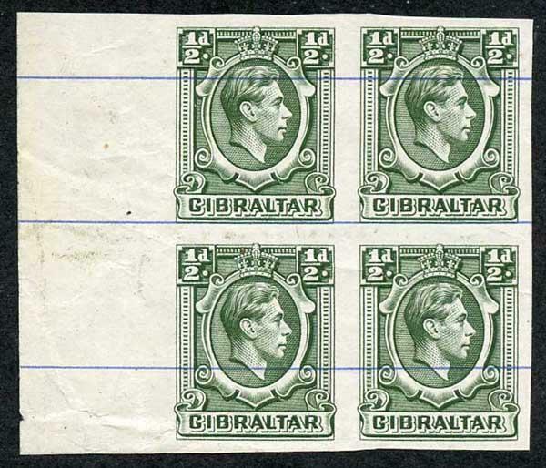 Gibraltar SG121 KGVI 1/2d Green Printers Proof IMPERF on No Wmk Blue-Lined paper