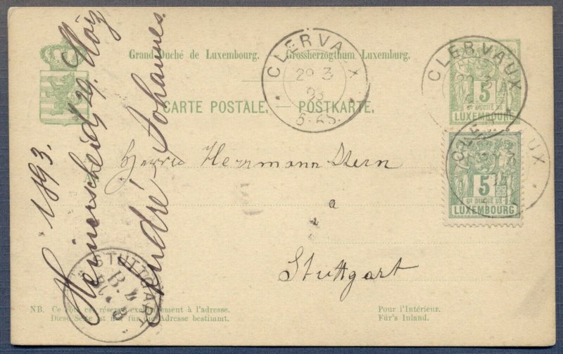 LUXEMBOURG: 1893 Uprated Postal Card from Clerva to Stuttgart