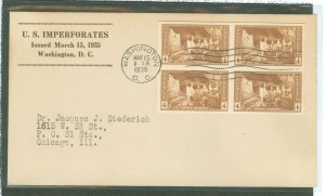 US 759 1935 4c Mesa Verde (Part of the Farley imperf Nat'l Parks series) bl of 4 on an addressed (typed) FDC with an unk...