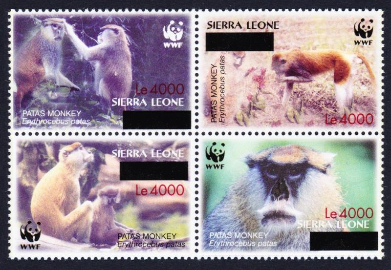 Sierra Leone WWF Patas Monkey Block of 4 with overprint RARE MI#5071-5074