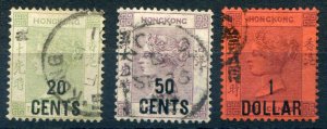Hong Kong QV o/p’s X 3, 20c, 50c & 1 dollar vales, o/p’s at top left, 189...