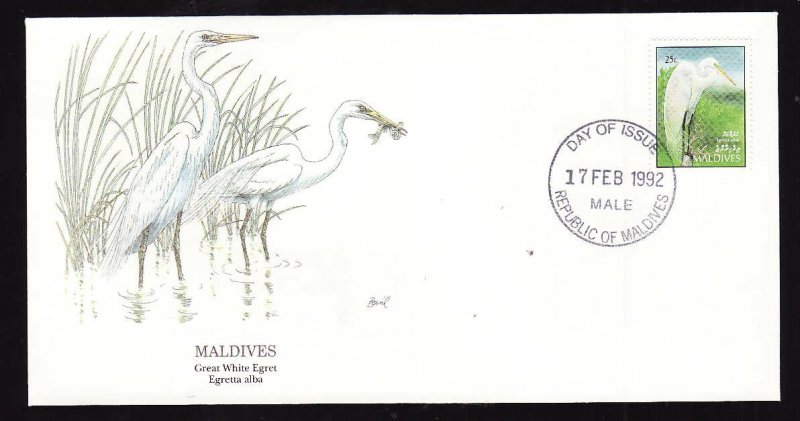 Flora & Fauna of the World #221a-Maldives-Birds-Great White Egret-FDC with  sing