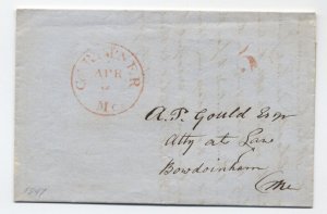 1847 Gardiner ME red CDS and 5 rate handstamp stampless folded letter [6432.108]