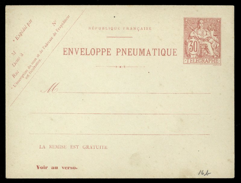 fr012 France Enveloppe Pneumatique 30c Telegraphe Red Unused