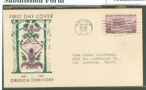 US 783 1936 3c Oregon Territory Centennial (single)on an addressed (typed) FDC with an Astoria, OR cancel and a Louis Breker cac