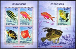 Ivory Coast 2014 Marine Life Fishes Sheet + S/S MNH