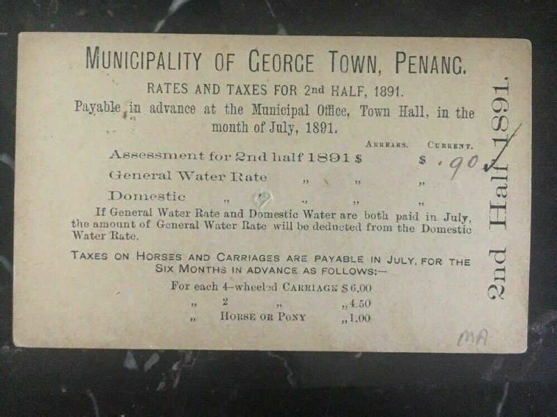 1891 Penang Straits Settlements Rates And Taxes Postcard Cover