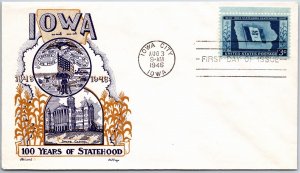 100 YEARS OF IOWA STATEHOOD ON DOROTHY W. KNAPP EARLY FLEETWOOD CACHET FDC 1946