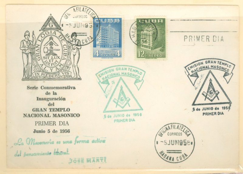 Cuba 558/C135 1956 Inaugaration of the Hauma Masonic Temple FDC