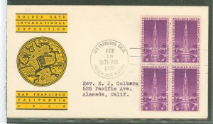 US 852 1939 3c golden gate exposition, block of 4 on an addressed, typed fdc with a linprint cachet