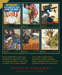 SAINT KITTS 2015 - POSTERS OF WORLD WAR I: USA SHEET OF 6 STAMPS - MNH