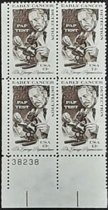 US Scott # 1754; 13c Pap Test from 1978; MNH, og; plate block of 4; VF