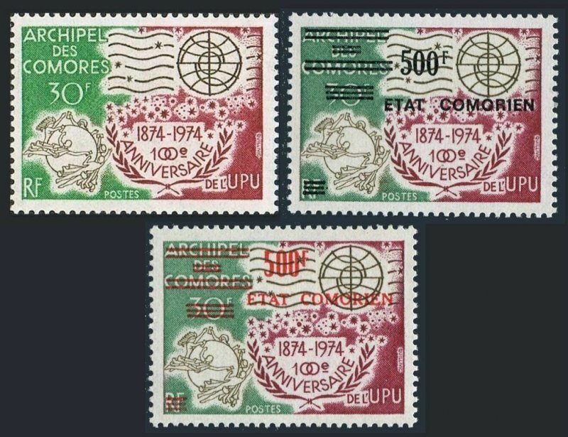 Comoro Islands 122,155B black,155R red,MNH. UPU-100,1974.New value surcharged.