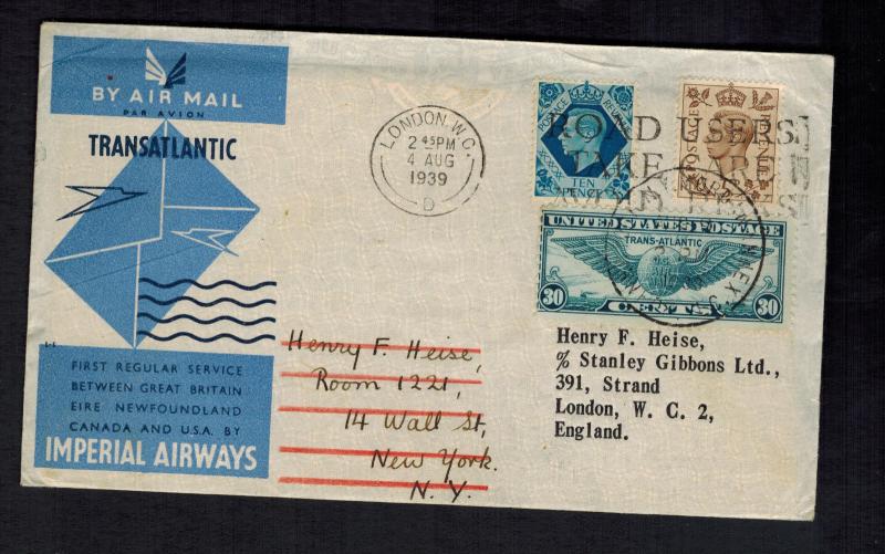 1939 England First Flight Cover USA Imperial Airways Round Trip Stanley Gibbons