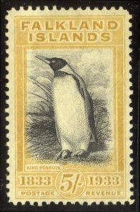FALKLANDS #74 Mint (LH) - 1933 5sh Yellow & Black