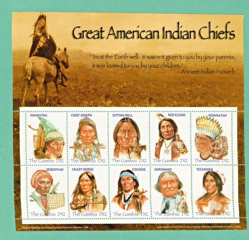 US Great American Indian Chiefs   FULL SHEET  MNH