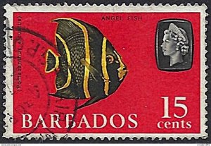 BARBADOS 1965 QEII 15c Black, Greenish-Yellow & Red, Grey Angelfish SG330 Used