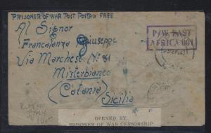 KENYA.UGANDA, TANGANYIKA (P0302B) POW STAMPLESS CENSOR PRISONER COVER TO ITALY