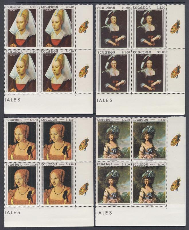 Ecuador Sc 763-763E MNH. 1967 Famous Paintings, Matched Sheet Corner Blocks.