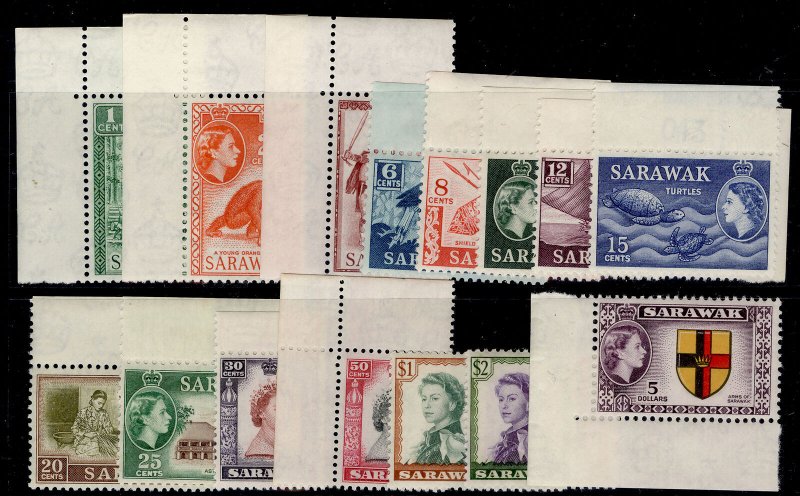 SARAWAK QEII SG188-202, 1955-59 complete set, NH MINT. Cat £110. MARGINALS