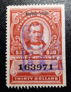 US Scott #R455 Used $30 Revenue Non - Cut Nice Purple Cancellation VF Serie 1946